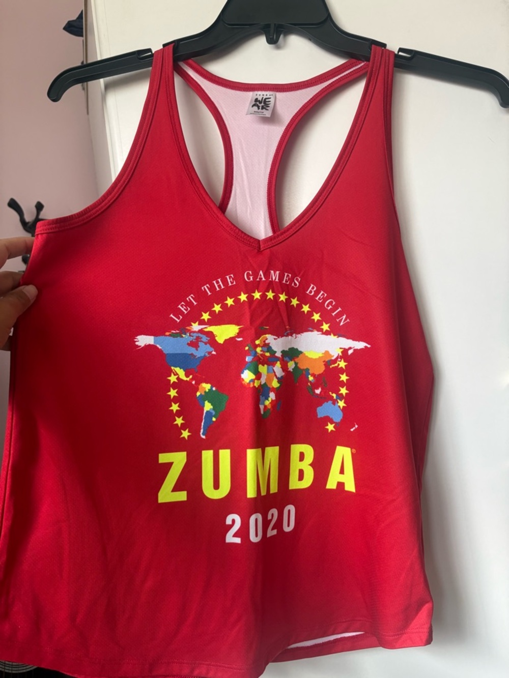 Zumba Fitness Red Tank Top with Multicolor World Map Graphic